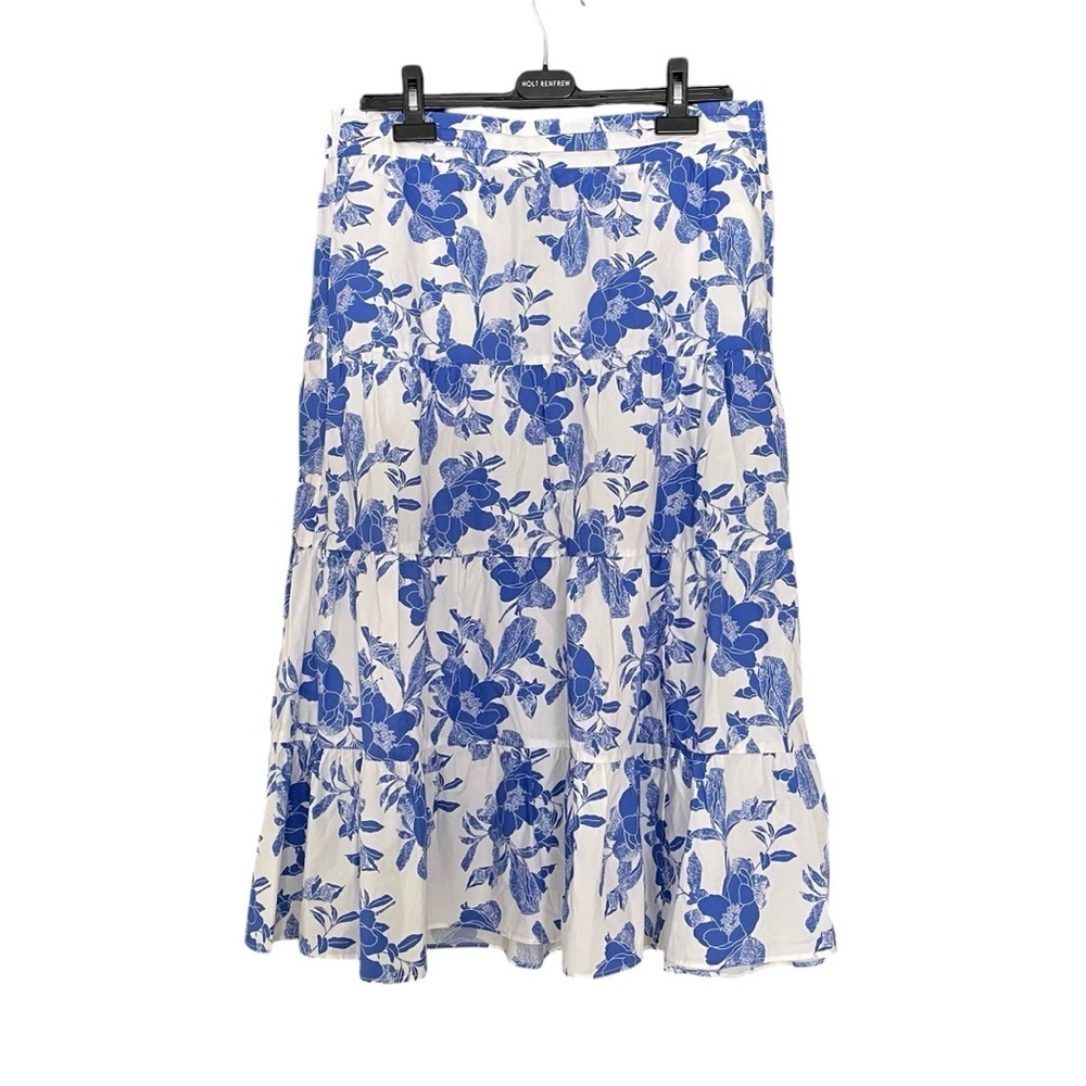 RW&CO Summer Cotton Floral Print Tiered Flare Midi Skirt White Blue L